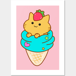 Strawberry Ice Cream Cat Posters and Art